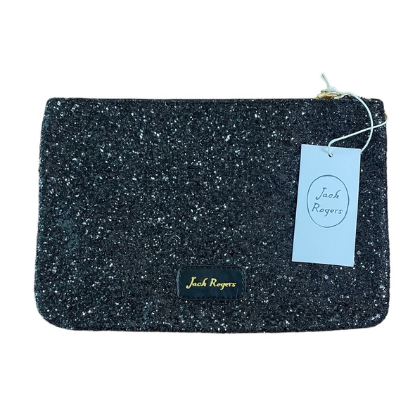 Jack Rogers Sparkle Pouch Zipper Glitter Clutch Simple Black Evening Bag New - Picture 4 of 9